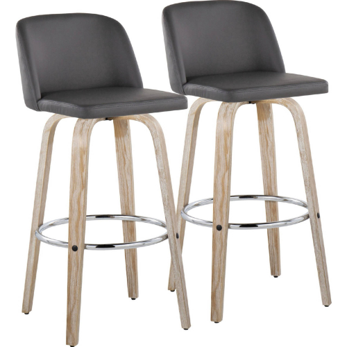 Toriano 30" Swivel Bar Stool in White Washed Wood & Grey Leatherette with Chrome Footrest (Set of 2)